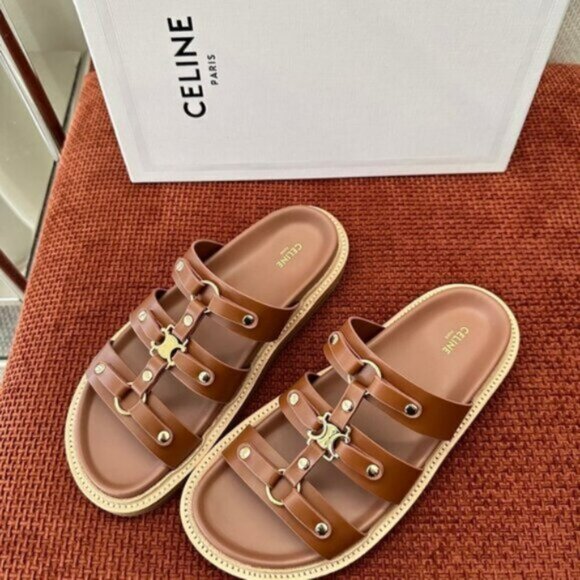 Celine Brown Leather Sandals with Gold Accents - Picture 2 of 6